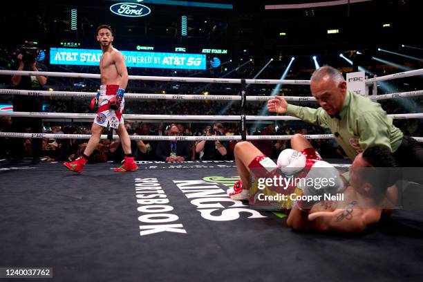 Jose Valenzuela celebrates after defeating Francisco Vargas at AT&T Stadium on April 16, 2022 in Arlington, Texas.