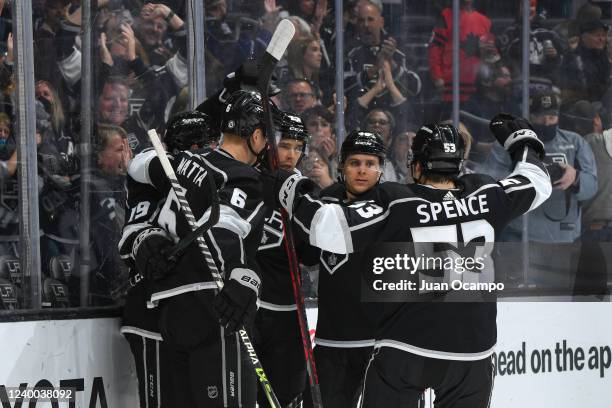 Los Angeles Kings right wing Dustin Brown celebrates his goal with teammates during the first period against the Columbus Blue Jackets at Crypto.com...