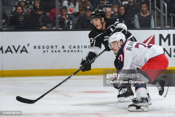 Los Angeles Kings right wing Dustin Brown shoots and scores a goal during the first period against the Columbus Blue Jackets at Crypto.com Arena on...