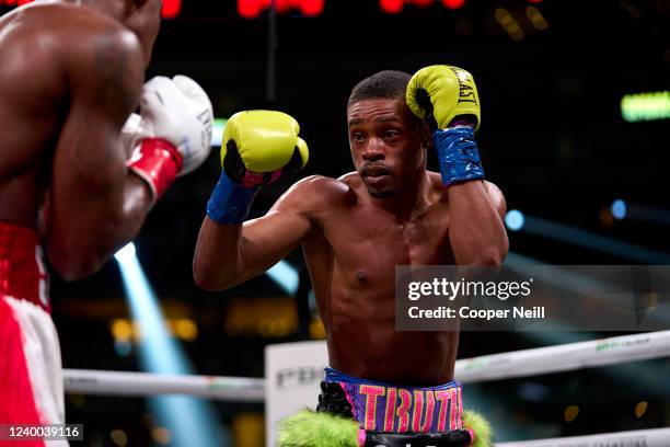 Errol Spence Jr. Fights against Yordenis Ugas at AT&T Stadium on April 16, 2022 in Arlington, Texas.