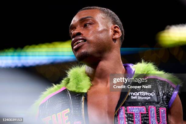 Errol Spence Jr. Enters the ring against Yordenis Ugas at AT&T Stadium on April 16, 2022 in Arlington, Texas.