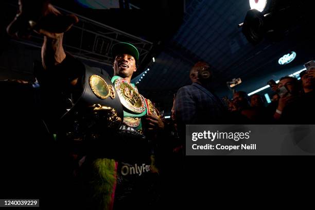 Errol Spence Jr. Celebrates after defeating Yordenis Ugas at AT&T Stadium on April 16, 2022 in Arlington, Texas.