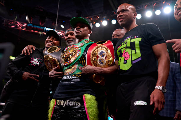Errol Spence Jr. Celebrates after defeating Yordenis Ugas at AT&T Stadium on April 16, 2022 in Arlington, Texas.