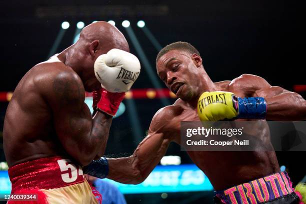 Errol Spence Jr. Connects with a punch against Yordenis Ugas at AT&T Stadium on April 16, 2022 in Arlington, Texas.