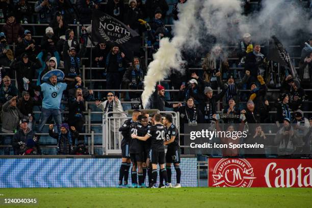 Minnesota United Midfielder Robin Lod celebrates with teammates after a goal during the MLS game between the Colorado Rapids and the Minnesota United...