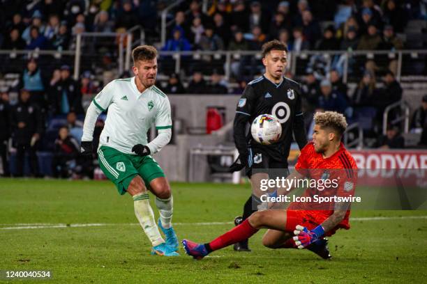 Minnesota United Goalkeeper Dayne St. Clair makes a save during the MLS game between the Colorado Rapids and the Minnesota United on April 16th at...