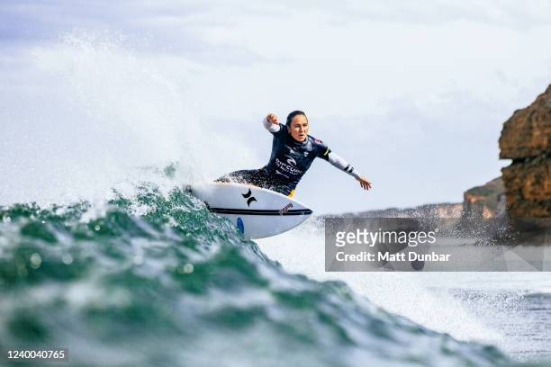 Five-time WSL Champion Carissa Moore of Hawaii surfs in the Final at the Rip Curl Pro Bells Beach on April 17, 2022 at Bells Beach, Victoria,...