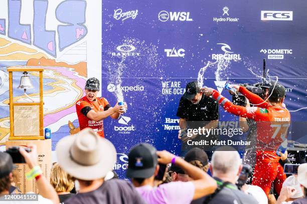 Winners at the prize giving of the Rip Curl Pro Bells Beach on April 17, 2022 at Bells Beach, Victoria, Australia.