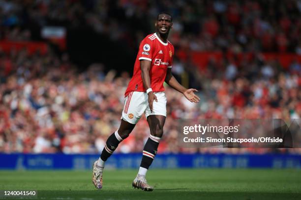 Paul Pogba of Manchester United looks on during the Premier League match between Manchester United and Norwich City at Old Trafford on April 16, 2022...