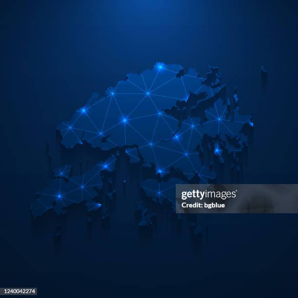 hong kong map network - bright mesh on dark blue background - hong kong map stock illustrations