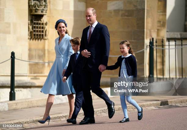 Prince William, Duke of Cambridge, Catherine, Duchess of Cambridge, Prince George and Princess Charlotte attend the Easter Matins Service at St...