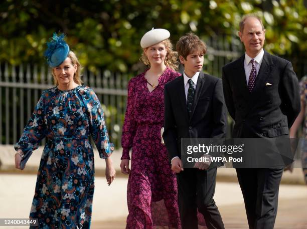 Sophie, Countess of Wessex, Lady Louise Mountbatten-Windsor, James, Viscount Severn and the Prince Edward, Earl of Wessex attend the Easter Matins...