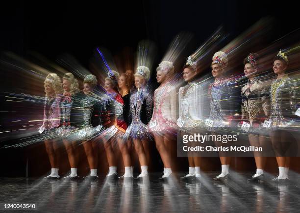 Finalists line up for the number call by the judges after their dance during the final day of the World Irish Dancing Championships at the Waterfront...
