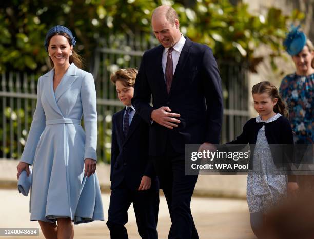 Prince William, Duke of Cambridge, Catherine, Duchess of Cambridge, Prince George and Princess Charlotte attend the Easter Matins Service at St...