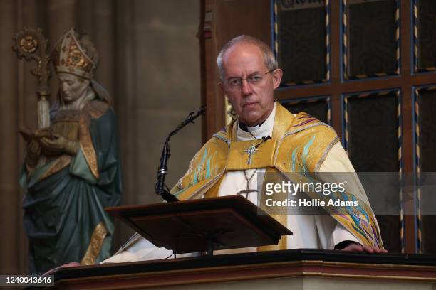 Justin Welby, the Archbishop Of Canterbury delivers his Easter Sermon at Canterbury Cathedral on April 17, 2022 in Canterbury, England. A...