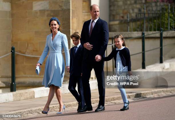 Prince William, Duke of Cambridge, Catherine, Duchess of Cambridge, Prince George and Princess Charlotte attend the Easter Matins Service at St...