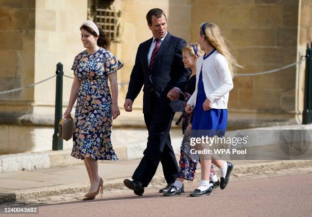 Princess Eugenie, Peter Philips and his daughters Isla Philips and Savannah Philips attend the Easter Matins Service at St George's Chapel at Windsor...