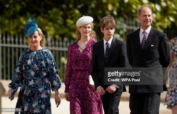Sophie, Countess of Wessex, Lady Louise Mountbatten-Windsor, James, Viscount Severn and the Prince Edward, Earl of Wessex attend the Easter Matins...