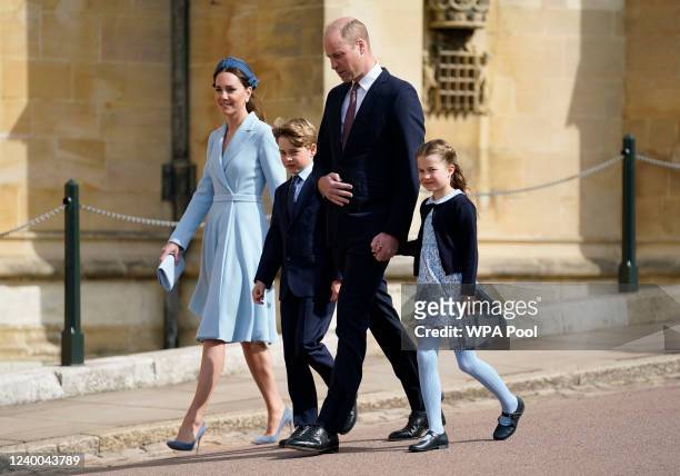 Prince William, Duke of Cambridge, Catherine, Duchess of Cambridge, Prince George and Princess Charlotte attend the Easter Matins Service at St...