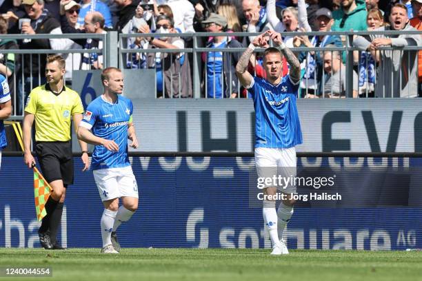 Phillip Tietz of SV Darmstadt 98 celebrate his goal during the Second Bundesliga match between SV Darmstadt 98 and FC Schalke 04 at Merck-Stadion am...