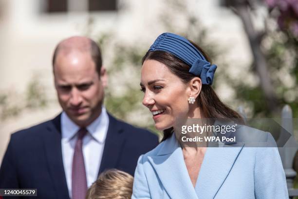Prince William, Duke of Cambridge, Catherine, Duchess of Cambridge attend the Easter Matins Service at St George's Chapel at Windsor Castle on April...