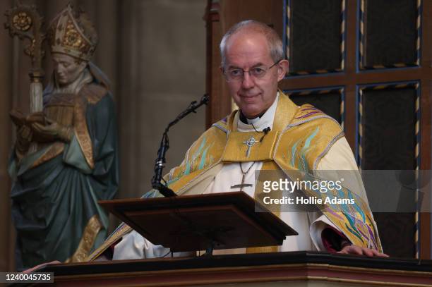 Justin Welby, the Archbishop of Canterbury delivers his Easter Sermon at Canterbury Cathedral on April 17, 2022 in Canterbury, England. A...