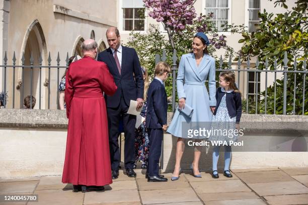 Prince William, Duke of Cambridge, Catherine, Duchess of Cambridge, Prince George and Princess Charlotte say goodbye to Dean of Windsor, The Right...