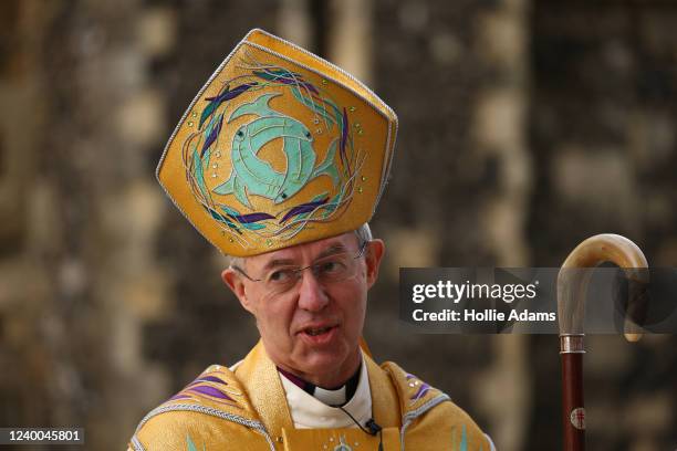Justin Welby, the Archbishop of Canterbury before delivering his Easter Sermon at Canterbury Cathedral on April 17, 2022 in Canterbury, England. A...