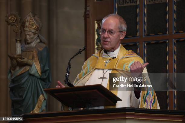 Justin Welby, the Archbishop of Canterbury delivers his Easter Sermon at Canterbury Cathedral on April 17, 2022 in Canterbury, England. A...