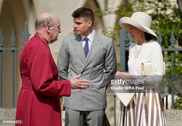Lady Sarah Chatto and her son Arthur Chatto speaking to Dean of Windsor, The Right Revd David Conner, as they leave the Easter Matins Service at St...