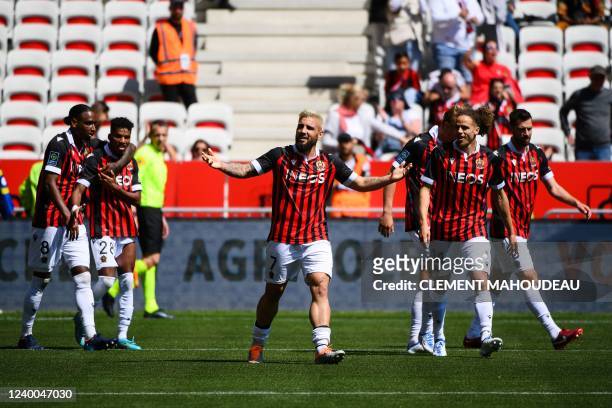 Nice's French forward Andy Delort celebrates after scoring his team's second goal during the French L1 football match between OGC Nice and FC Lorient...