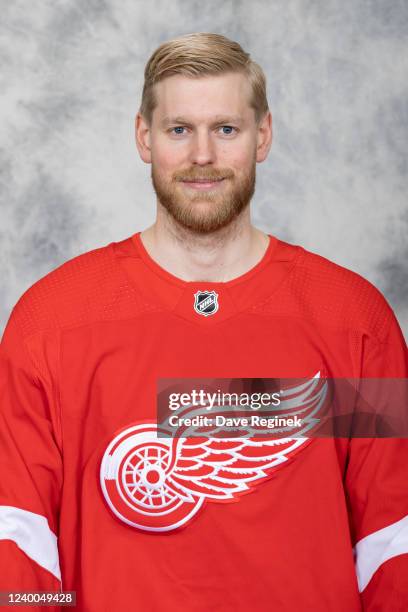 Magnus Hellberg of the Detroit Red Wings poses for his official headshot for the 2021-2022 season at Little Caesars Arena on April 17, 2022 in...