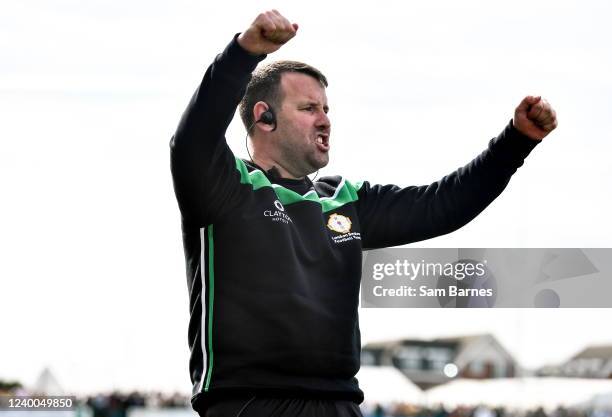 London , United Kingdom - 17 April 2022; London manager Michael Maher celebrates his side's first goal during the Connacht GAA Football Senior...