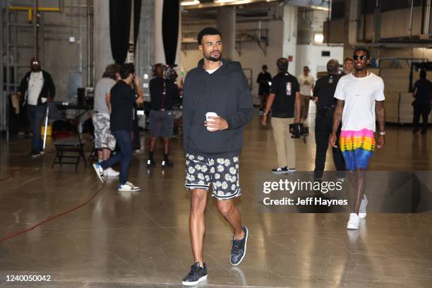 Timothe Luwawu-Cabarrot of the Atlanta Hawks arrives to the arena before the game Miami Heat during Round 1 Game 1 of the 2022 NBA Playoffs on April...