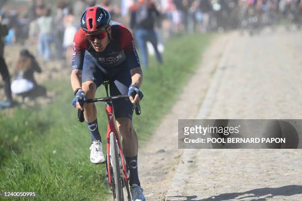 Dutch Dylan van Baarle of Ineos Grenadiers pictured in action during the 119th edition of the men elite race of the 'Paris-Roubaix' cycling event 2...