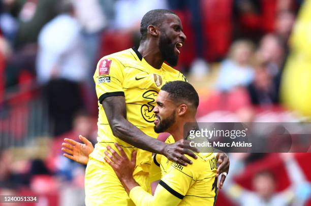 Ruben Loftus-Cheek of Chelsea celebrates scoring his goal with Antonio Rudiger during The FA Cup Semi-Final match between Chelsea and Crystal Palace...