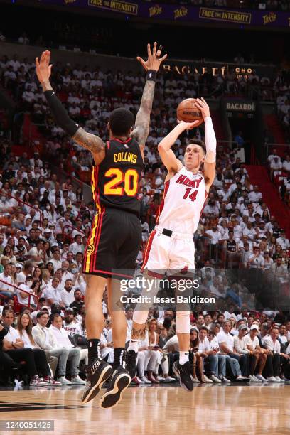 Tyler Herro of the Miami Heat shoots a three point basket against the Atlanta Hawks during Round 1 Game 1 of the 2022 NBA Playoffs on April 17, 2022...