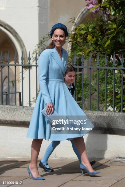 The Duchess of Cambridge with Princess Charlotte attend the traditional Easter Sunday Church service at St Georges Chapel in the grounds of Windsor...