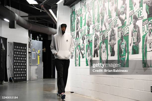 Kevin Durant of the Brooklyn Nets arrives to the arena prior to the game against the Boston Celtics during Round 1 Game 1 of the 2022 NBA Playoffs on...