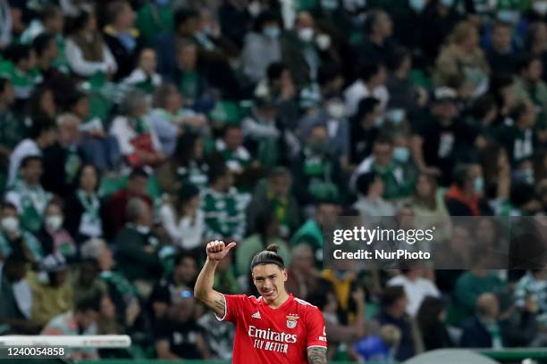 Darwin Nunez of SL Benfica celebrates after scoring a goal during the Portuguese League football match between Sporting CP and SL Benfica at Jose...