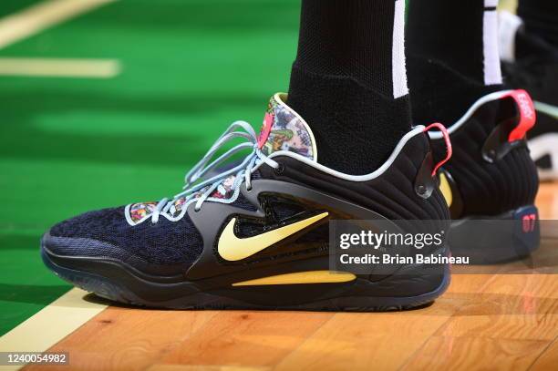 The sneakers worn by Kevin Durant of the Brooklyn Nets during Round 1 Game 1 of the 2022 NBA Playoffs on April 17, 2022 at the TD Garden in Boston,...