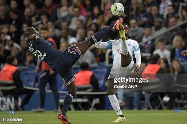 Danilo Pereira of Paris Saint-Germain, Gerson Santos da Silva of Olympique de Marseille during the French Ligue 1 match between Paris Saint-Germain...