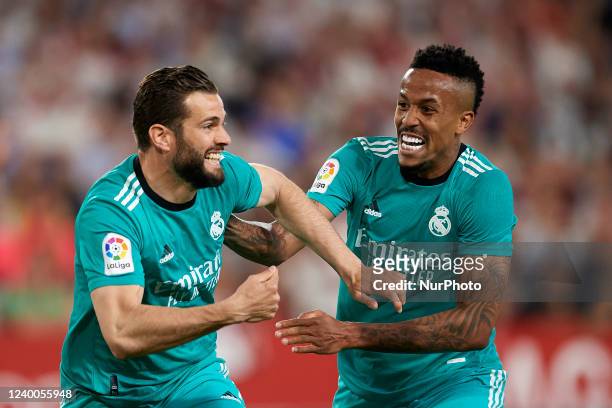 Nacho Fernandez of Real Madrid celebrates after scoring his sides first goal during the LaLiga Santander match between Sevilla FC and Real Madrid CF...