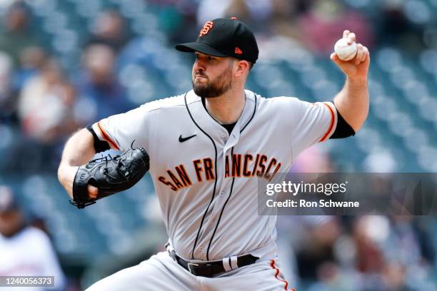 Alex Wood of the San Francisco Giants pitches against the Cleveland Guardians during the third inning at Progressive Field on April 17, 2022 in...