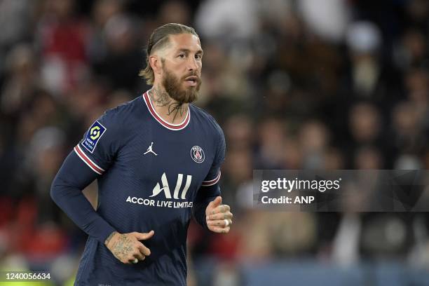 Sergio Ramos of Paris Saint-Germain during the French Ligue 1 match between Paris Saint-Germain and Olympique Marseille at the Parc des Princes in...