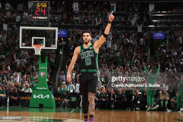 Jayson Tatum of the Boston Celtics celebrates against the Brooklyn Nets during Round 1 Game 1 of the 2022 NBA Playoffs on April 17, 2022 at the TD...