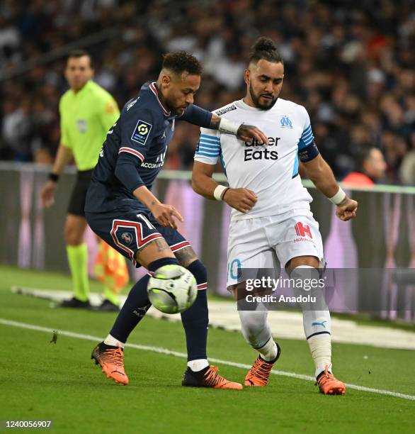 Neymar of Paris Saint-Germain in action against Dimitri Payet of Olympique de Marseille during the French L1 football match between Paris...