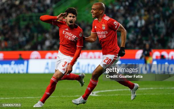 Gil Dias of SL Benfica celebrates after scoring a goal during the Liga Bwin match between Sporting CP and SL Benfica at Estadio Jose Alvalade on...