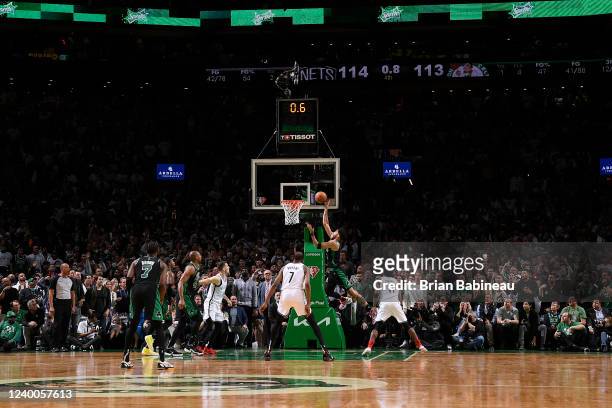 Jayson Tatum of the Boston Celtics shoots the ball to win the game against the Brooklyn Nets during Round 1 Game 1 of the 2022 NBA Playoffs on April...