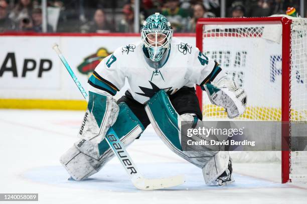 James Reimer of the San Jose Sharks defends his net against the Minnesota Wild in the second period of the game at Xcel Energy Center on April 17,...